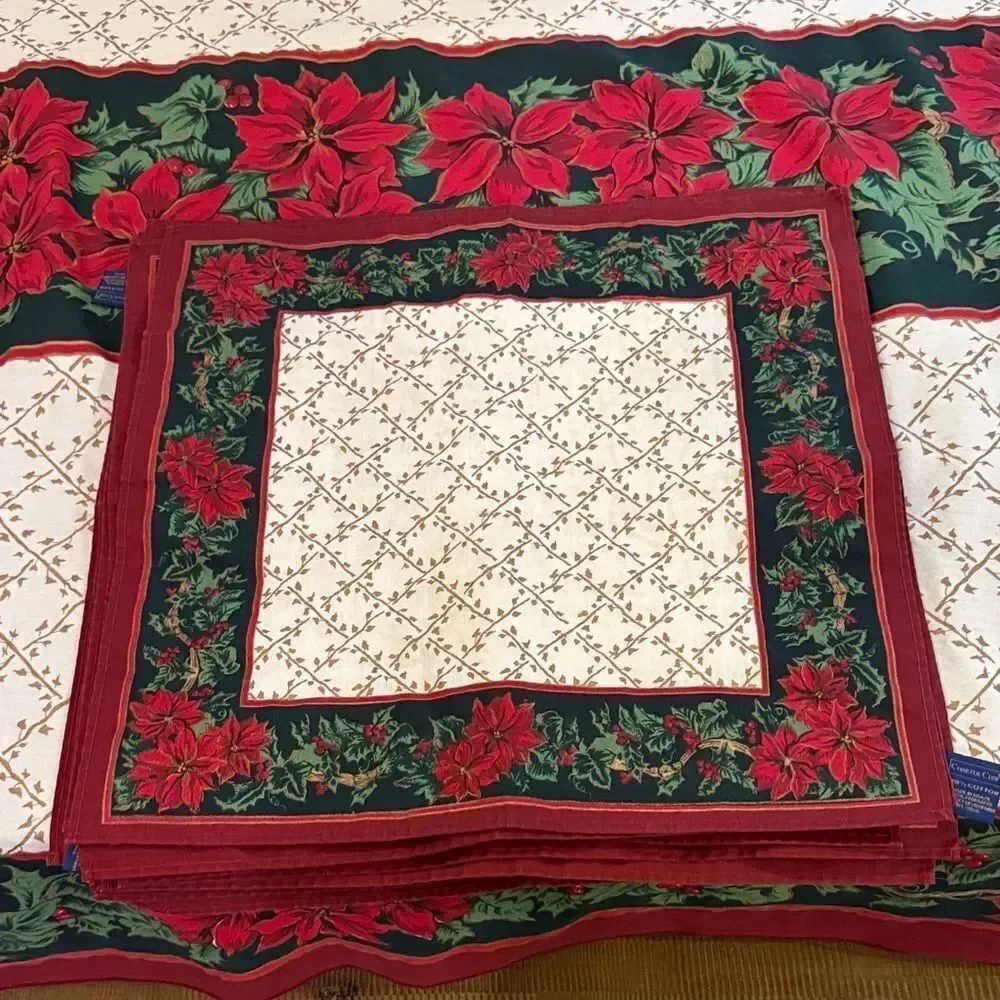Elegant vintage Holiday Tablecloth with Poinsettia Design